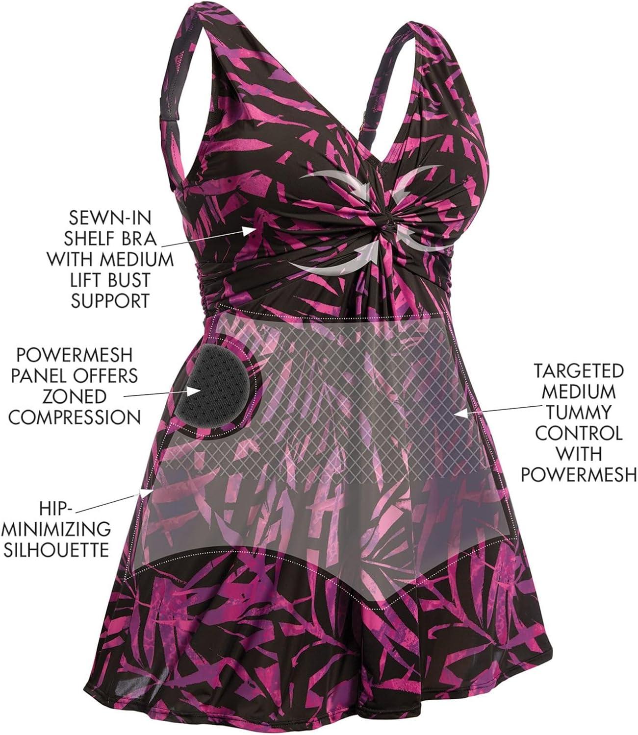 image:imageSwimsuits For All Swim 365 Womens Plus Size TwistFront VNeck Tummy Control ALine Swim DressBright Fuchsia Watercolor Floral