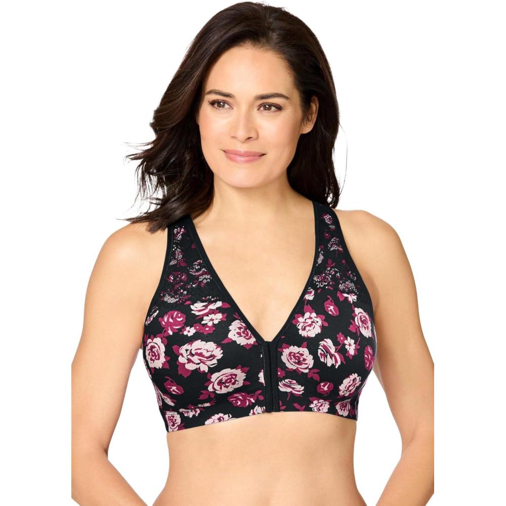 image:imageCatherines Womens Plus Size Wireless FrontClose Cotton Comfort BraBlack Rose Floral
