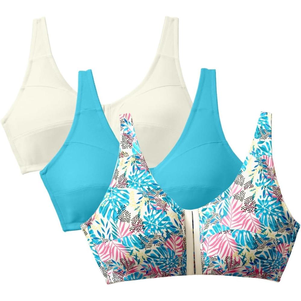 image:imageComfort Choice Womens Plus Size 3Pack FrontClose Cotton Wireless BraTropical Assorted