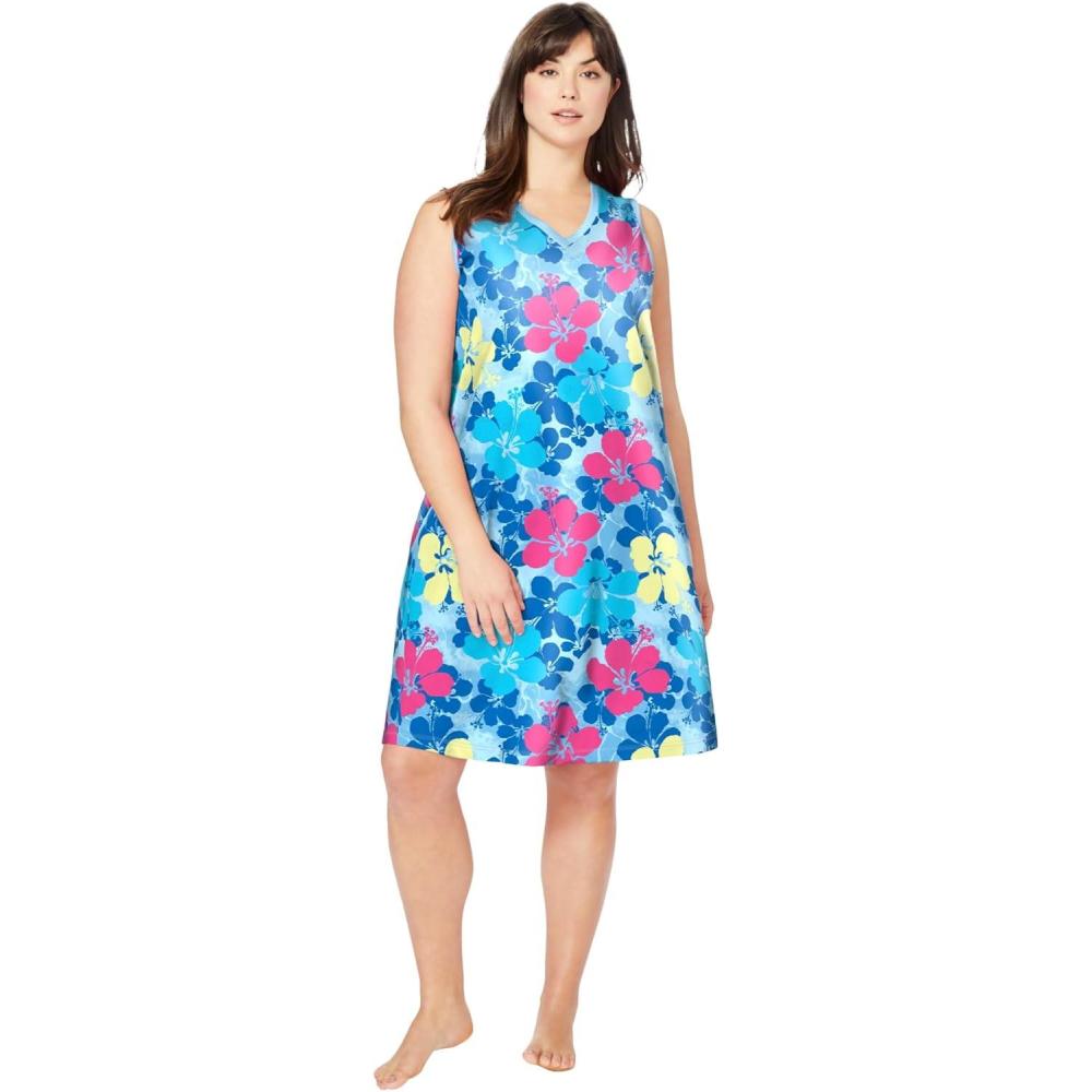 image:imageDreams amp Co Plus Size Short Sleeveless SleepshirtPool Blue Tropical
