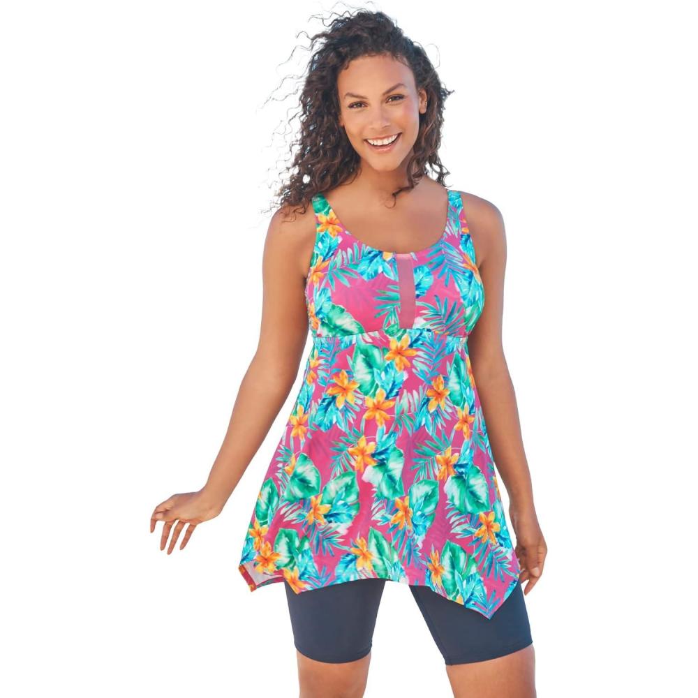image:imageSwimsuits For All Swim 365 Womens Plus Size LongerLength Handkerchief Hem Tankini TopHula Palm