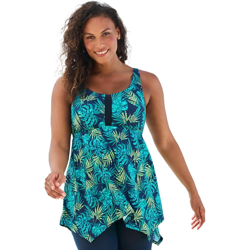 image:imageSwimsuits For All Swim 365 Womens Plus Size LongerLength Handkerchief Hem Tankini TopVibrant Palm