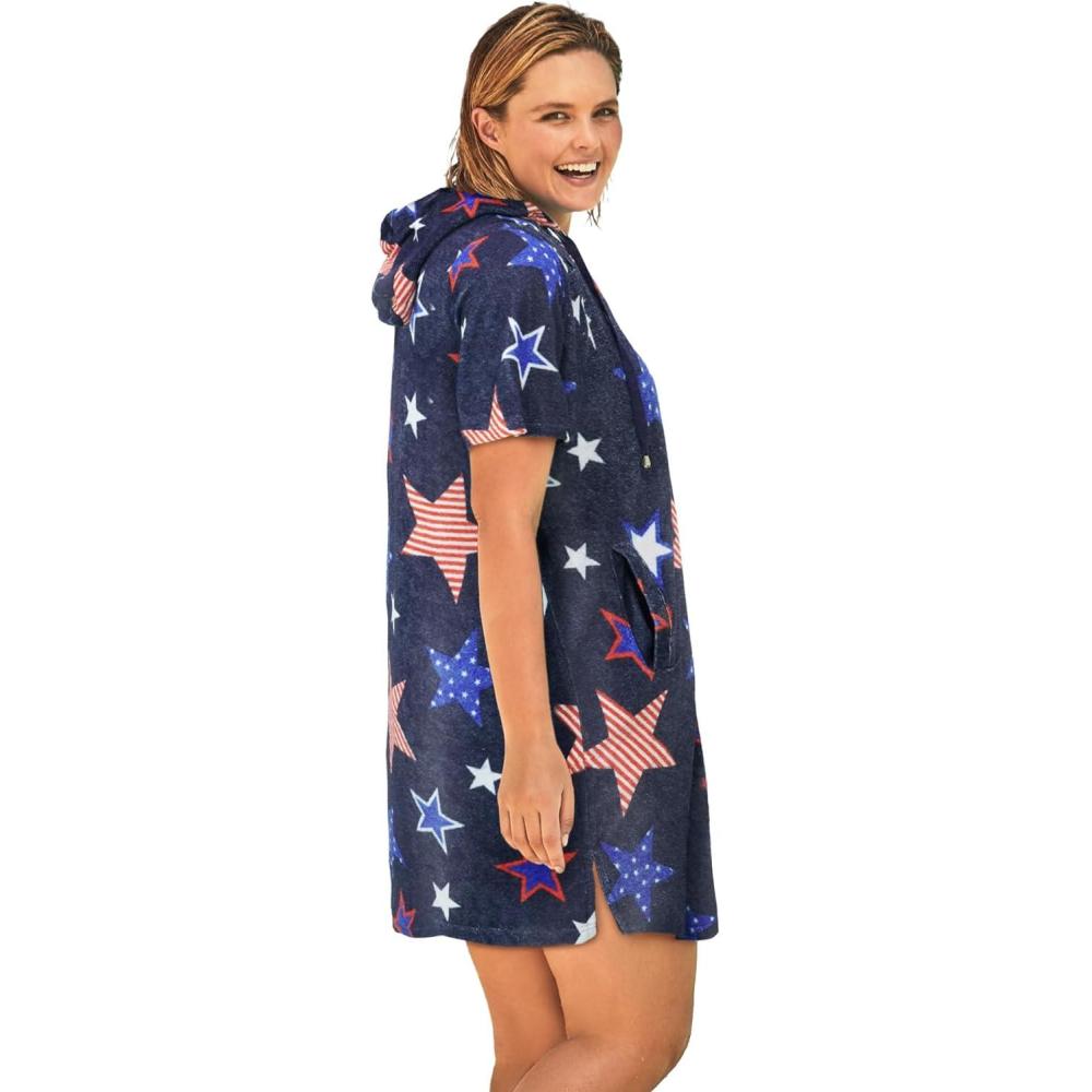 image:imageSwimsuits For All Swim 365 Womens Plus Size Terry LongerLength Hooded ZipFront Swim CoverUpAmericana Stars