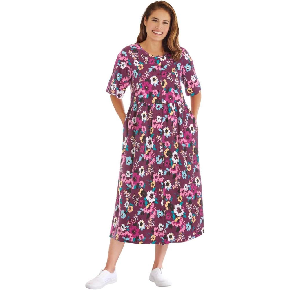 image:imageWoman Within Plus Size ShortSleeve ButtonFront Pocket Dress Petite Available  7X Deep Claret Multi Garden