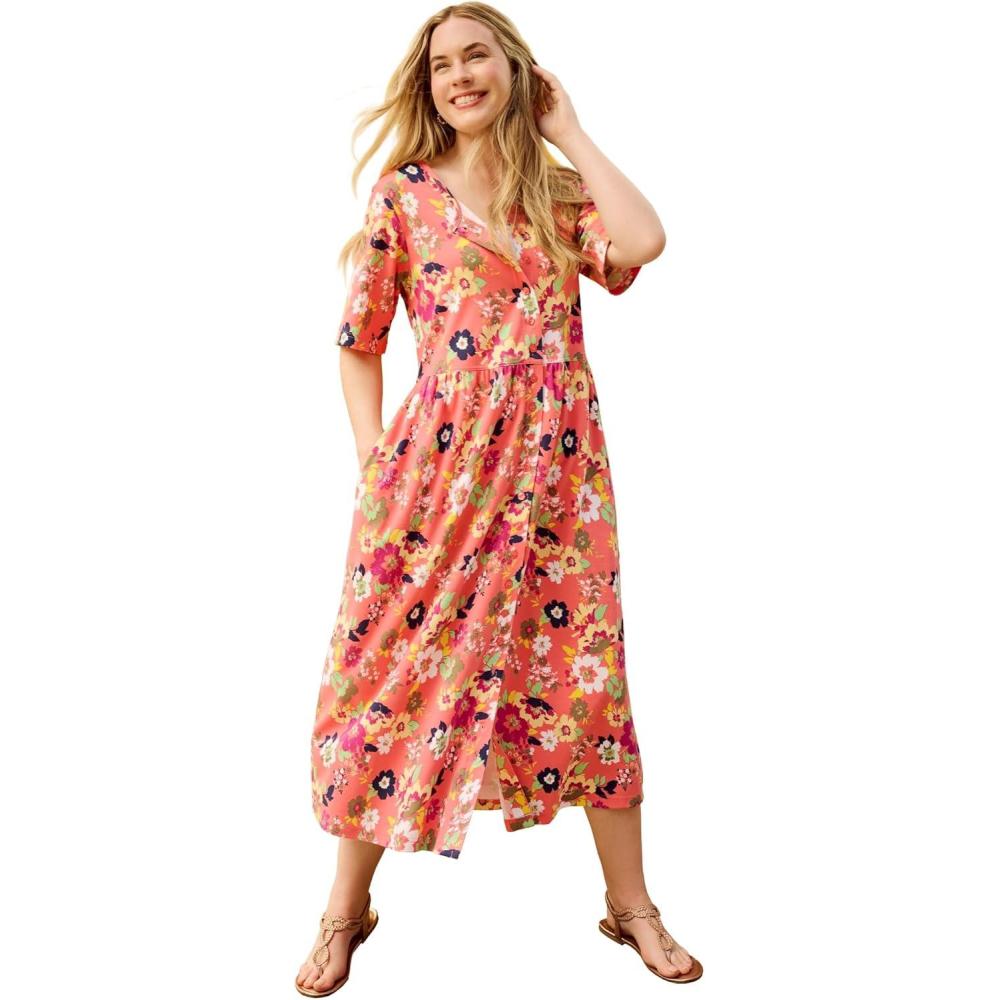 image:imageWoman Within Plus Size ShortSleeve ButtonFront Pocket Dress Petite AvailableSweet Coral Multi Garden