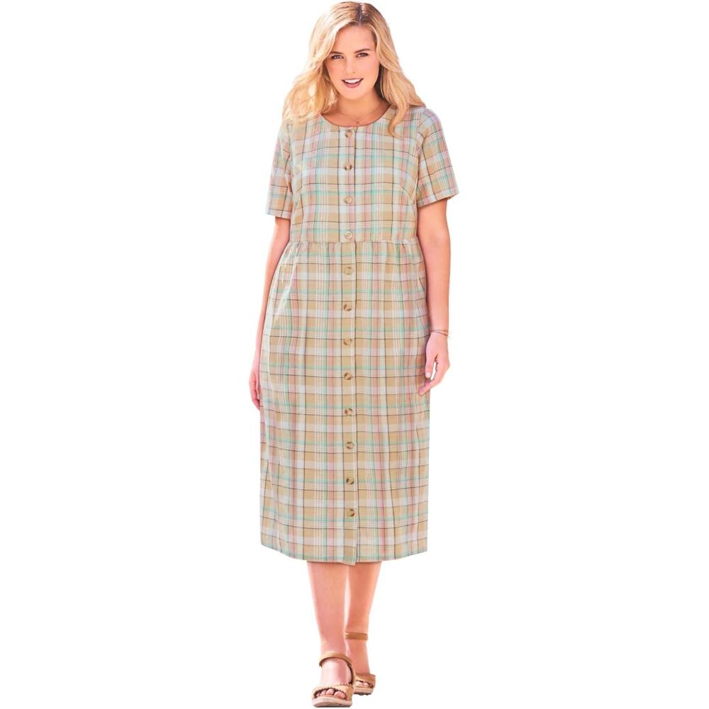 image:imageWoman Within Plus Size ShortSleeve Seersucker DressNew Khaki Plaid