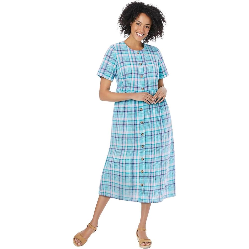 image:imageWoman Within Plus Size ShortSleeve Seersucker DressParadise Blue Plaid