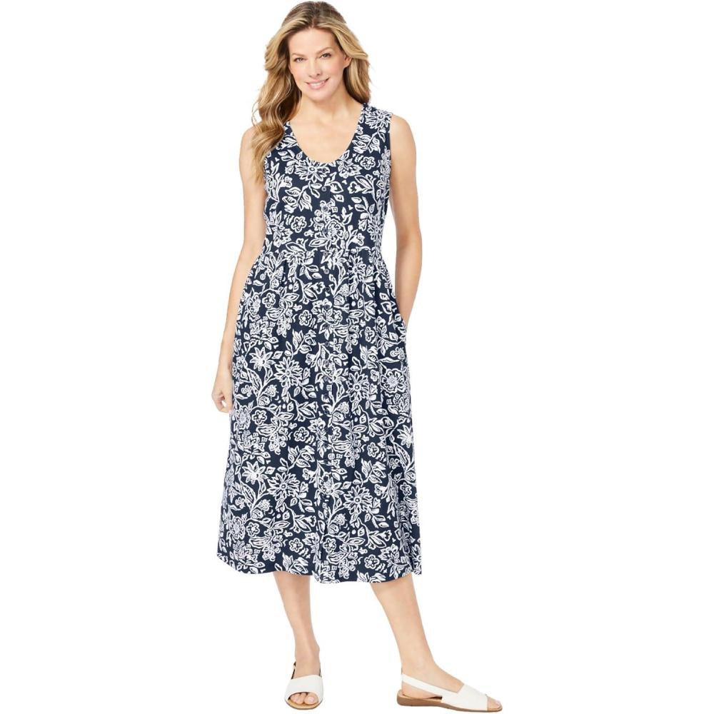 image:imageWoman Within Plus Size Sleeveless Button Front DressNavy Stencil Flower