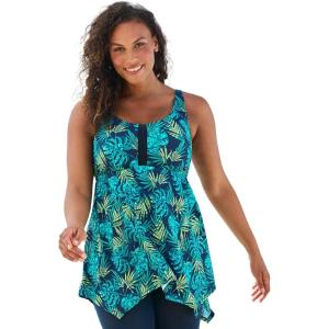Swimsuits For All Swim 365 Women’s Plus Size Longer-Length Handkerchief Hem Tankini Top(Vibrant Palm)