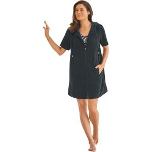 Swimsuits For All Swim 365 Women’s Plus Size Terry Longer-Length Hooded Zip-Front Swim Cover-Up(Black)