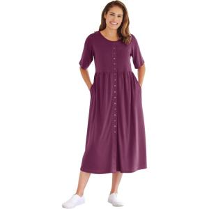 Woman Within Plus Size Short-Sleeve Button-Front Pocket Dress (Petite Available) – 7X, Deep Claret