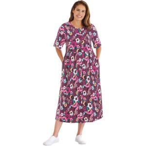 Woman Within Plus Size Short-Sleeve Button-Front Pocket Dress (Petite Available) – M, Deep Claret Multi Garden