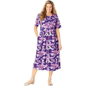 Woman Within Plus Size Short-Sleeve Button-Front Pocket Dress (Petite Available) – S, Purple Garden