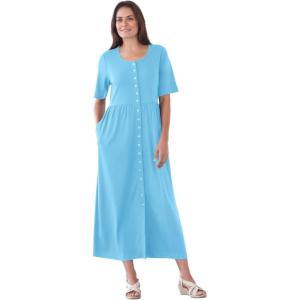 Woman Within Plus Size Short-Sleeve Button-Front Pocket Dress (Petite Available)(Blue Paradise)