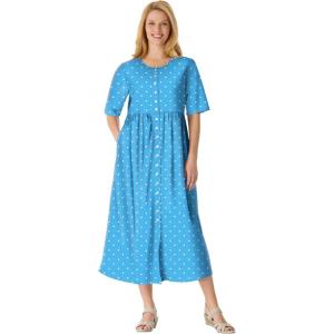 Woman Within Plus Size Short-Sleeve Button-Front Pocket Dress (Petite Available)(Blue Polka Dot)