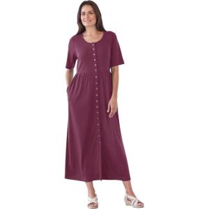 Woman Within Plus Size Short-Sleeve Button-Front Pocket Dress (Petite Available)(Deep Claret)