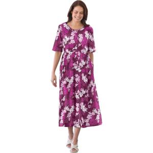 Woman Within Plus Size Short-Sleeve Button-Front Pocket Dress (Petite Available)(Deep Claret Graphic Bloom)