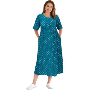 Woman Within Plus Size Short-Sleeve Button-Front Pocket Dress (Petite Available)(Deep Teal Polka Dot)