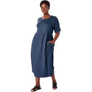 Woman Within Plus Size Short-Sleeve Button-Front Pocket Dress (Petite Available)(Navy)