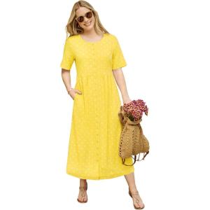 Woman Within Plus Size Short-Sleeve Button-Front Pocket Dress (Petite Available)(Primrose Yellow Polka Dot)