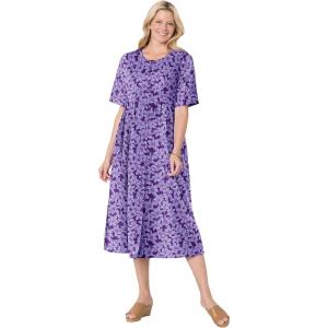 Woman Within Plus Size Short-Sleeve Button-Front Pocket Dress (Petite Available)(Purple Blossom)
