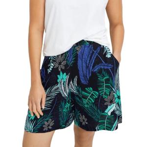 ellos Plus Size Elastic Waist Flowy Shorts(Black Tropical Print)