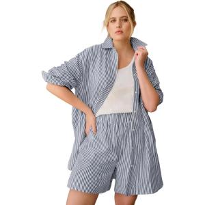ellos Plus Size Linen-Blend Elastic Waist Shorts(Navy White Stripe)