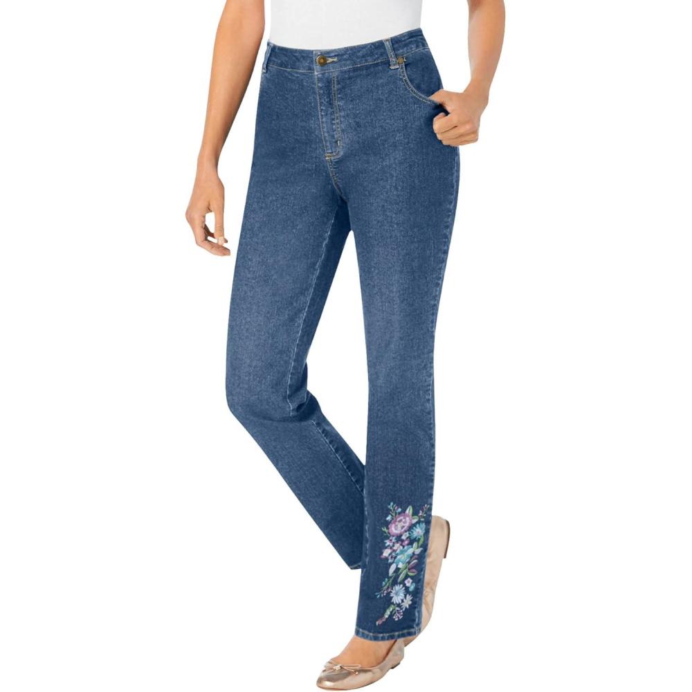 image:imageWoman Within Plus Size Stretch Denim 5Pocket StraightLeg JeansStonewash Floral