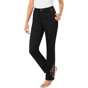 Woman Within Plus Size Stretch Denim 5-Pocket Straight-Leg Jeans(Black Bloom Embroidery)