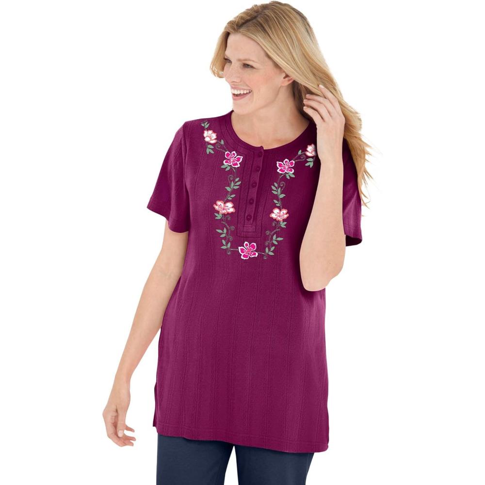 image:imageWoman Within Plus Size 7Day Embroidered Pointelle TunicDeep Claret Floral Embroidery