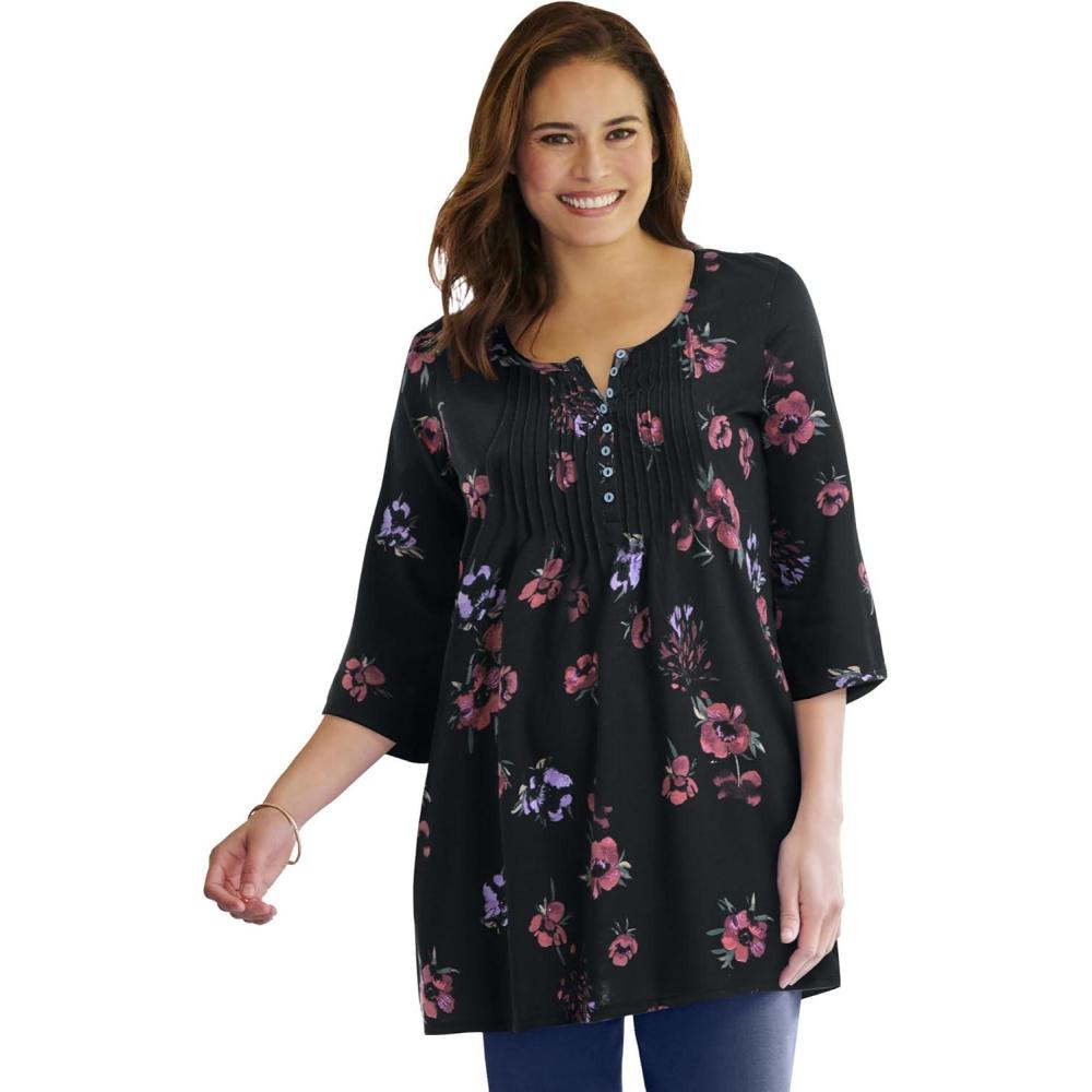 image:imageWoman Within Plus Size 7Day ThreeQuarter Sleeve Pintucked Henley TunicBlack Magnolia