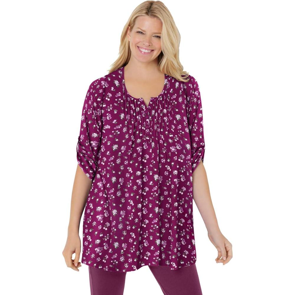 image:imageWoman Within Plus Size 7Day ThreeQuarter Sleeve Pintucked Henley TunicDeep Claret Pretty Bouquet