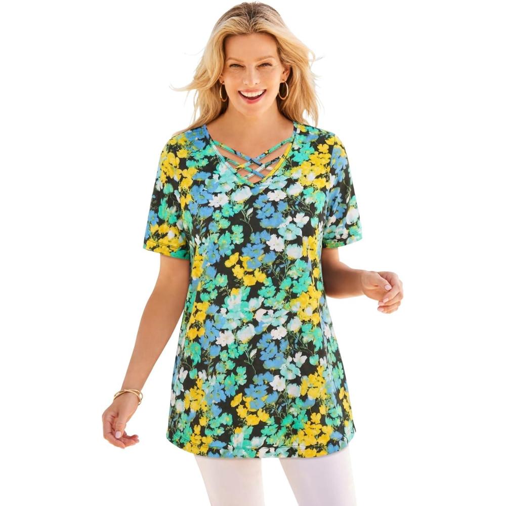 image:imageWoman Within Plus Size Criss Cross TeeBlack Yellow Pop Floral