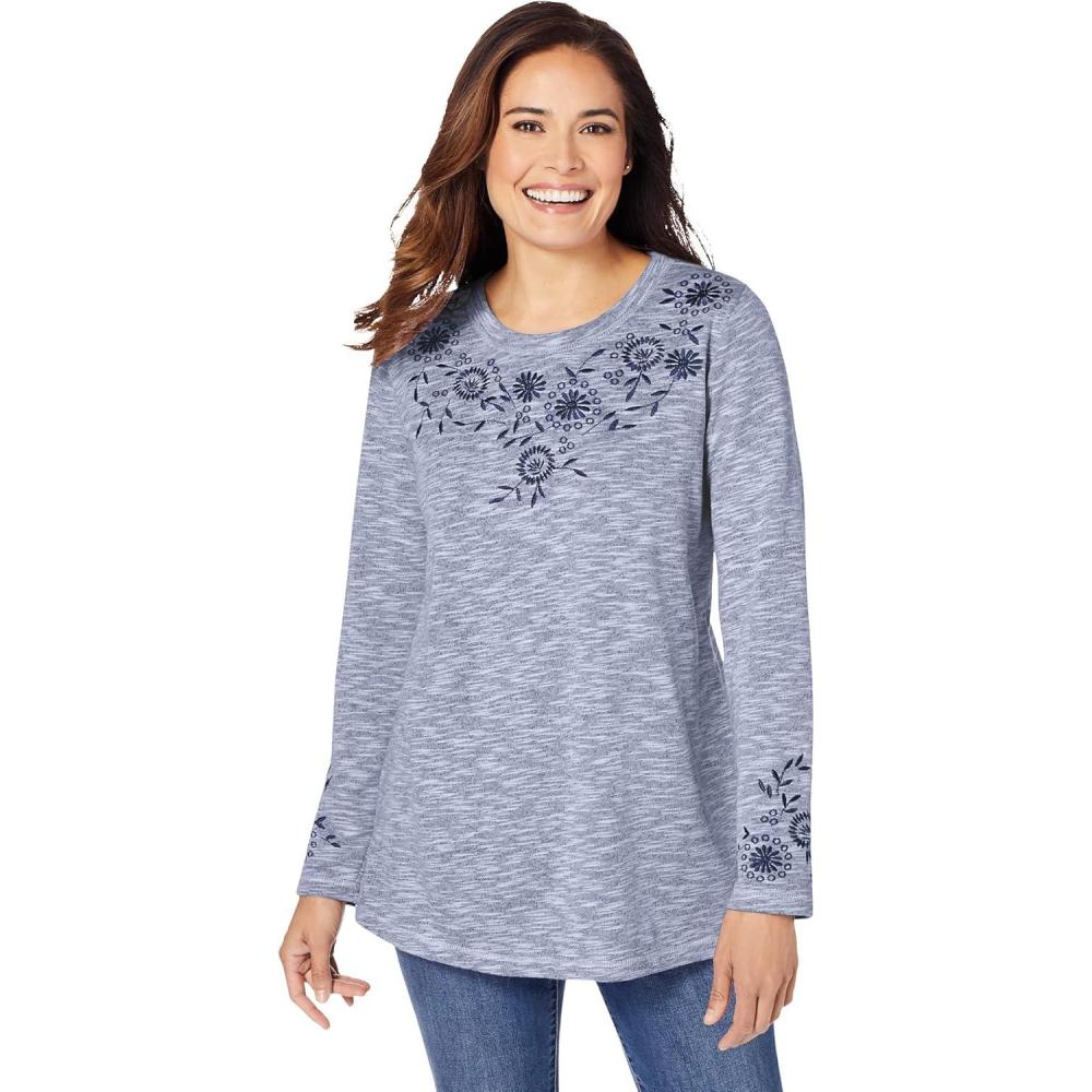 image:imageWoman Within Plus Size Floral Embroidered Sweatshirt TeeEvening Blue Marled Embroidery