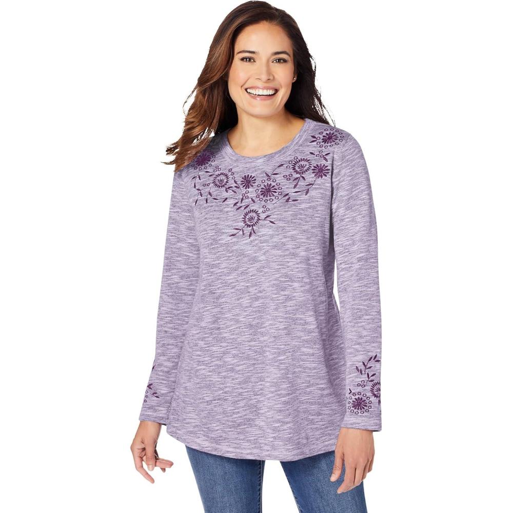 image:imageWoman Within Plus Size Floral Embroidered Sweatshirt TeeRadiant Purple Marled Embroidery