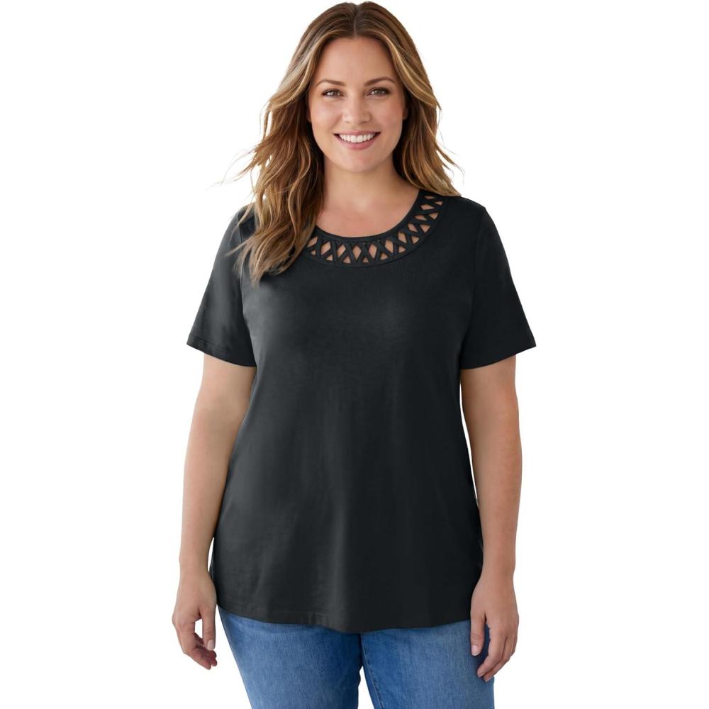 image:imageWoman Within Plus Size Lattice Neck TeeBlack