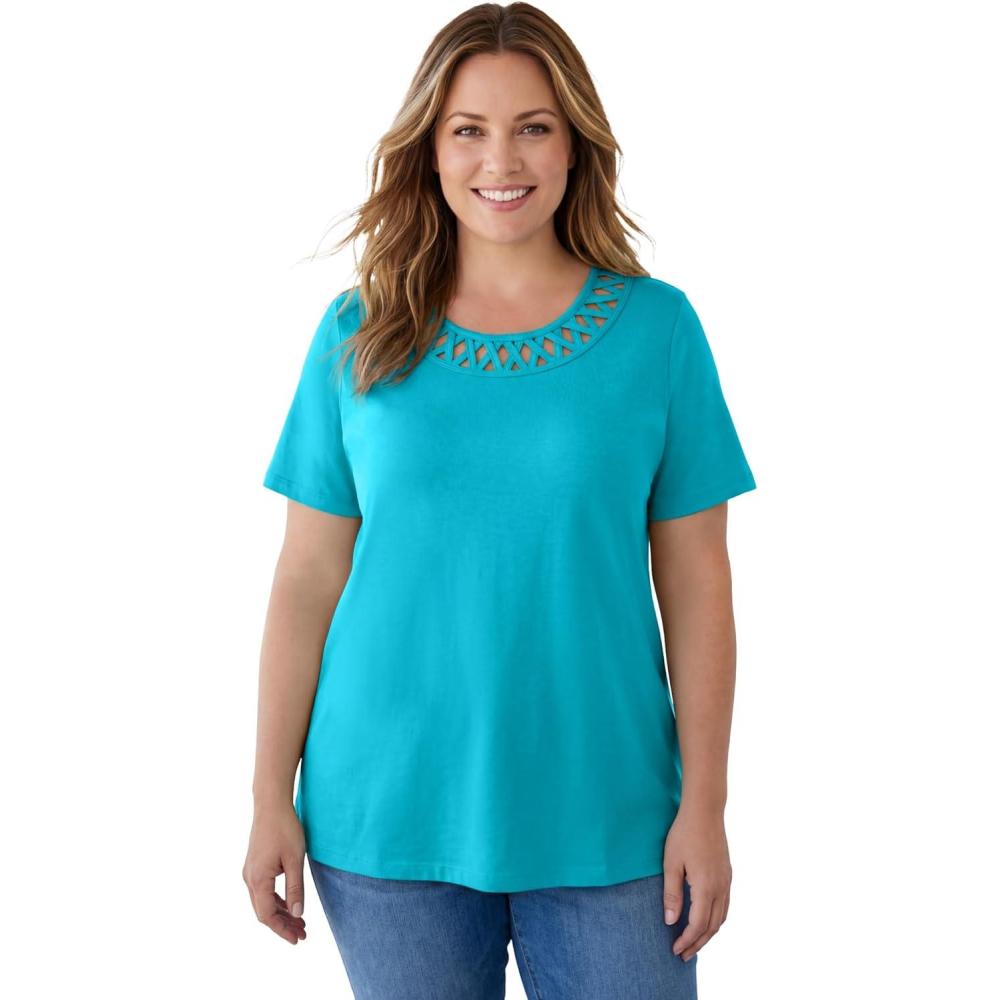 image:imageWoman Within Plus Size Lattice Neck TeePretty Turquoise