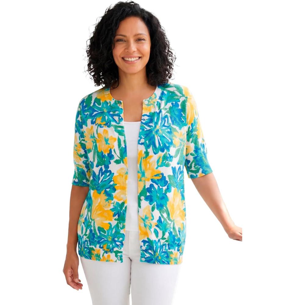 image:imageWoman Within Plus Size Perfect ElbowLength Sleeve Cardigan SweaterYellow Painted Floral