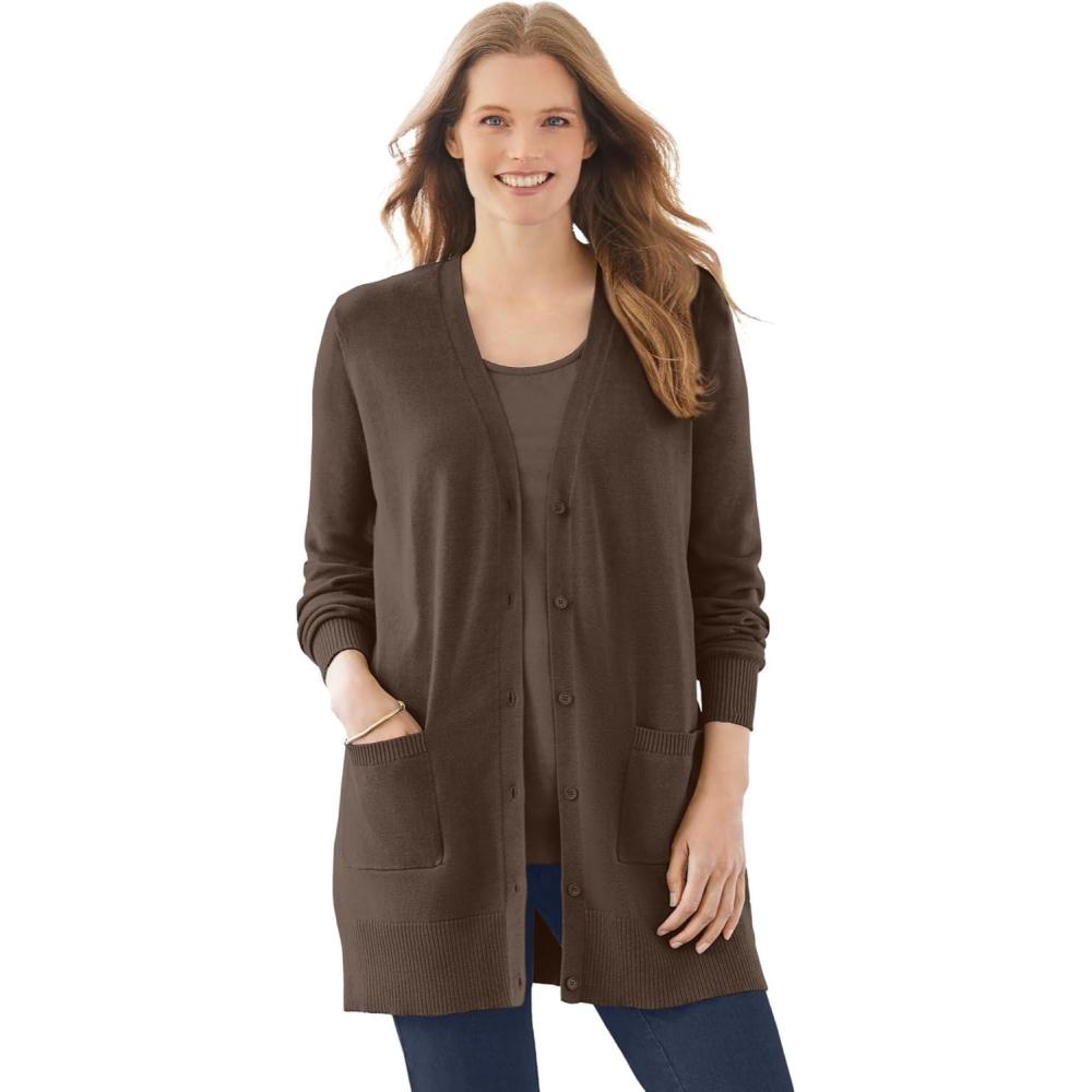 image:imageWoman Within Plus Size Perfect LongerLength Cotton Cardigan SweaterChocolate