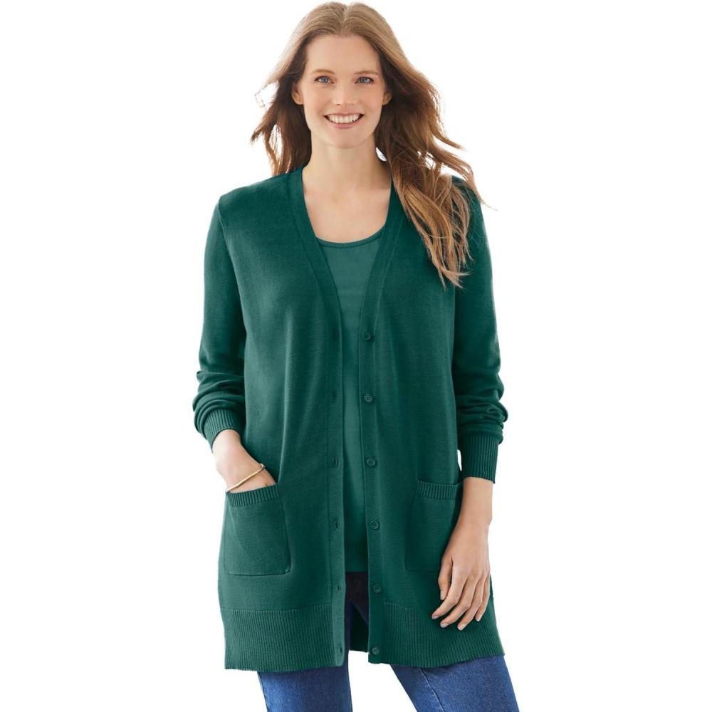 image:imageWoman Within Plus Size Perfect LongerLength Cotton Cardigan SweaterEmerald Green