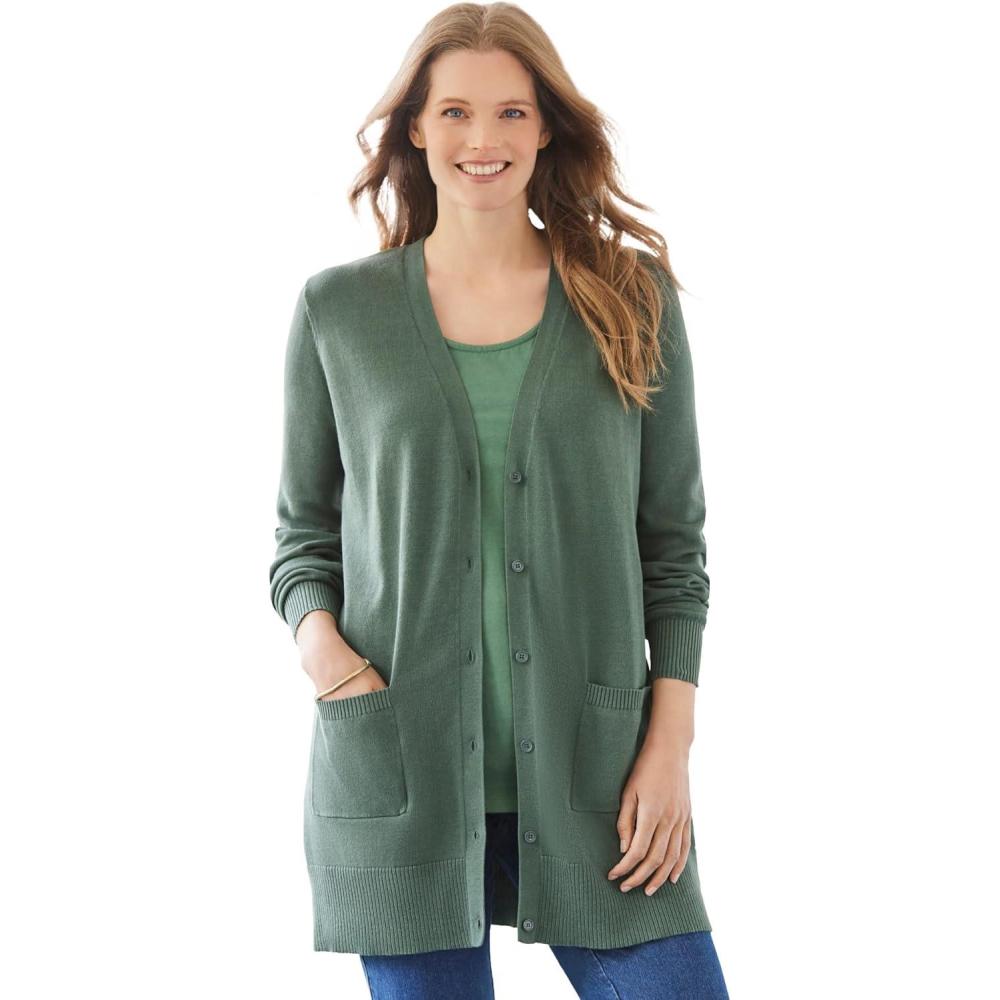 image:imageWoman Within Plus Size Perfect LongerLength Cotton Cardigan SweaterPine