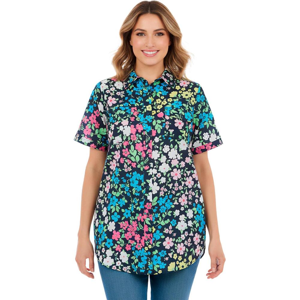image:imageWoman Within Plus Size Relaxed Fit Cotton Camp ShirtNavy Floral Patchwork