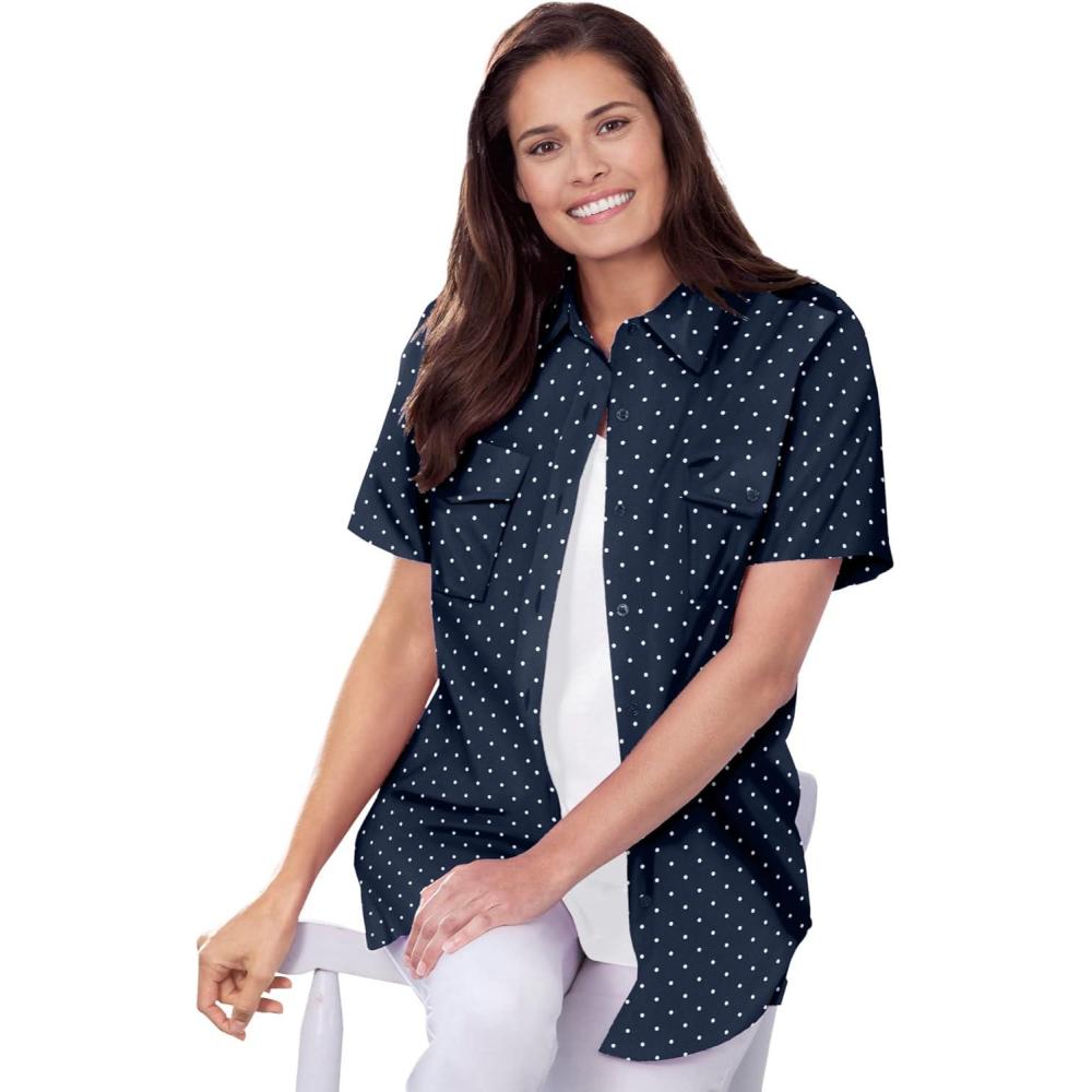 image:imageWoman Within Plus Size Relaxed Fit Cotton Camp ShirtNavy Mini Dot