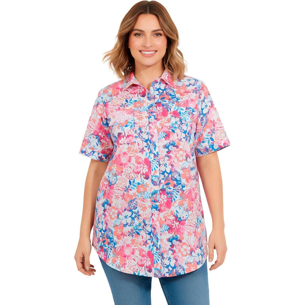 image:imageWoman Within Plus Size Relaxed Fit Cotton Camp ShirtWhite Multi Stamp
