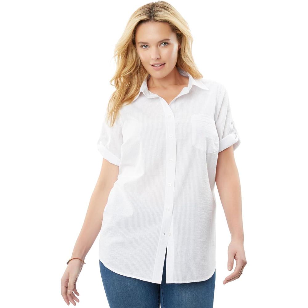 image:imageWoman Within Plus Size ShortSleeve ButtonDown Cotton Seersucker ShirtWhite