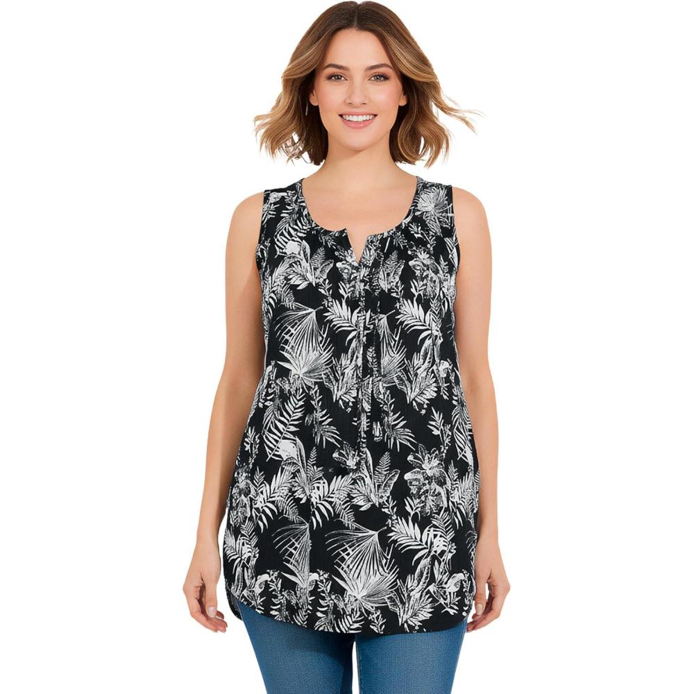 image:imageWoman Within Plus Size Sleeveless Pintuck Gauze ShirtBlack Palm Paradise