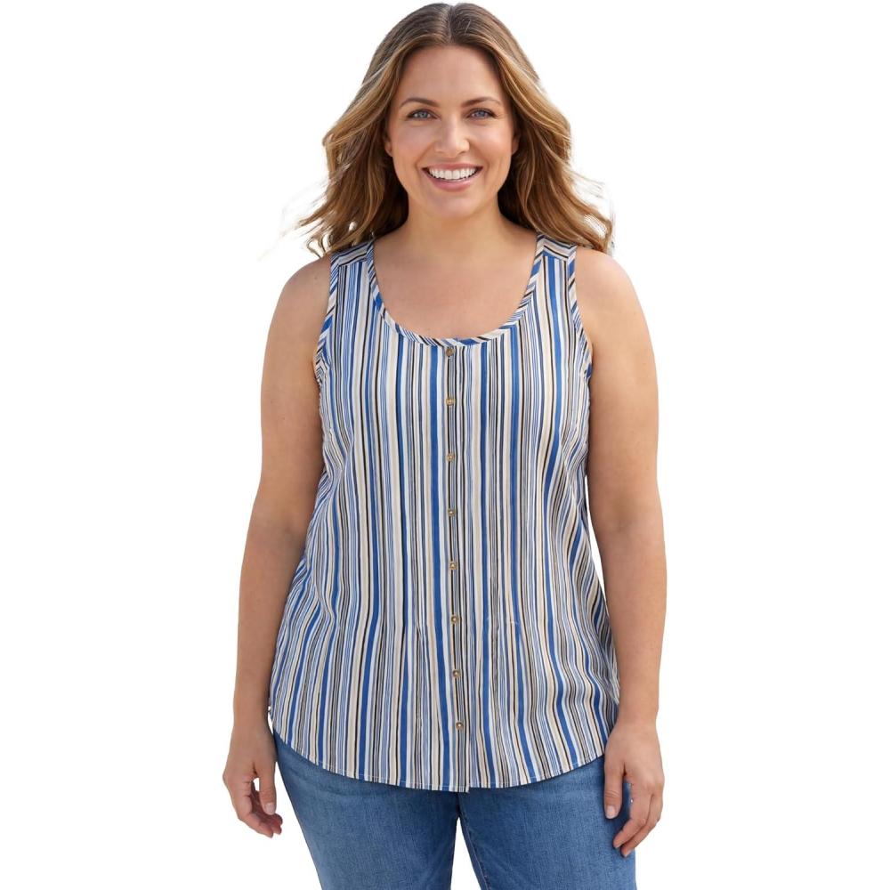 image:imageWoman Within Plus Size Sleeveless Pintuck Gauze ShirtDeep Cobalt Stripe