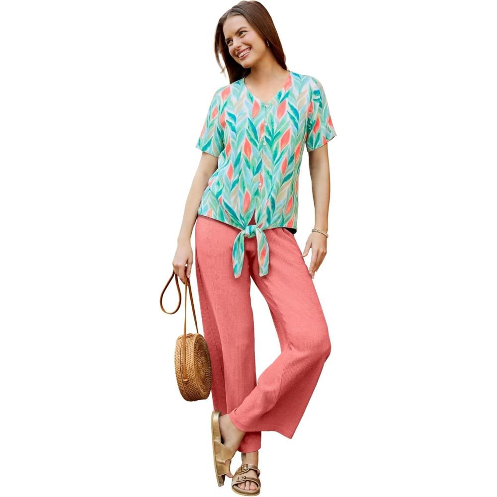 image:imageWoman Within Plus Size Textured TieFront TeeIvory Tulip Watercolor