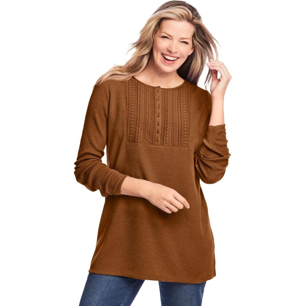 image:imageWoman Within Plus Size Waffle Thermal Lace Bib Henley TeeAntique Copper