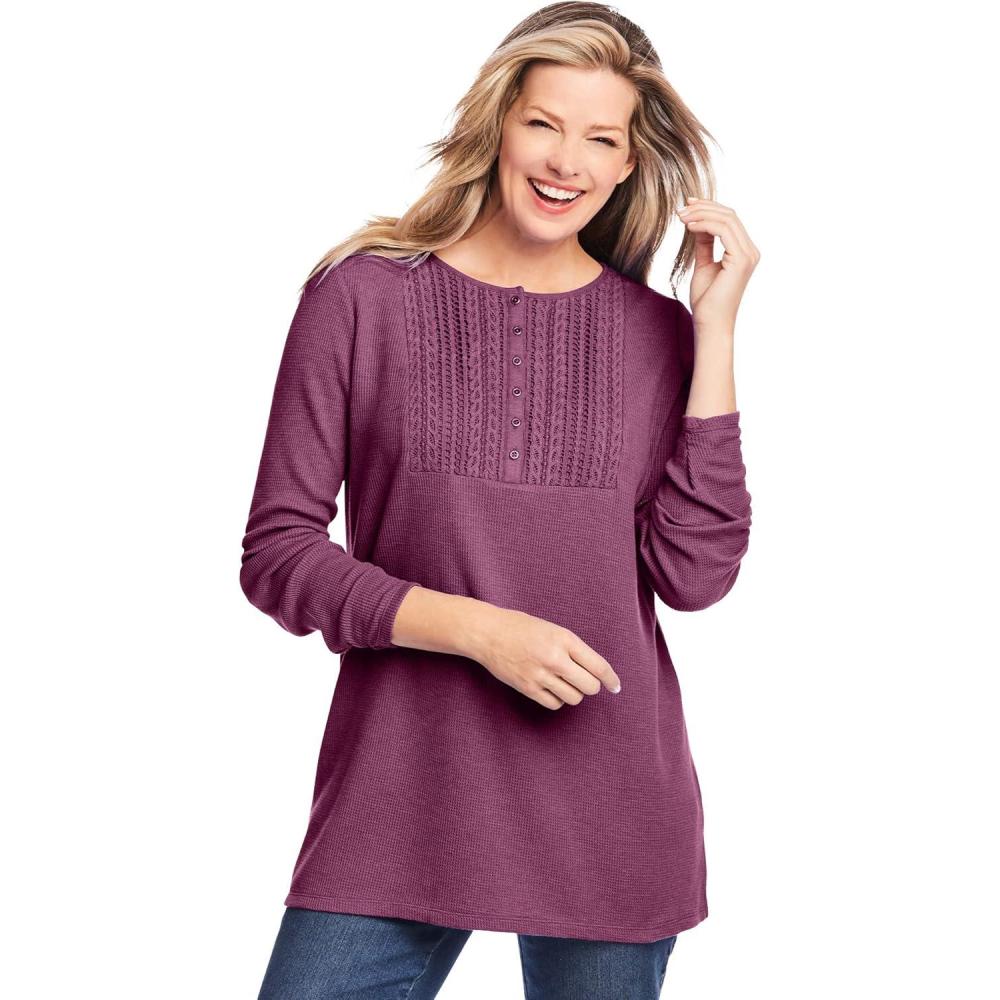 image:imageWoman Within Plus Size Waffle Thermal Lace Bib Henley TeeDeep Claret